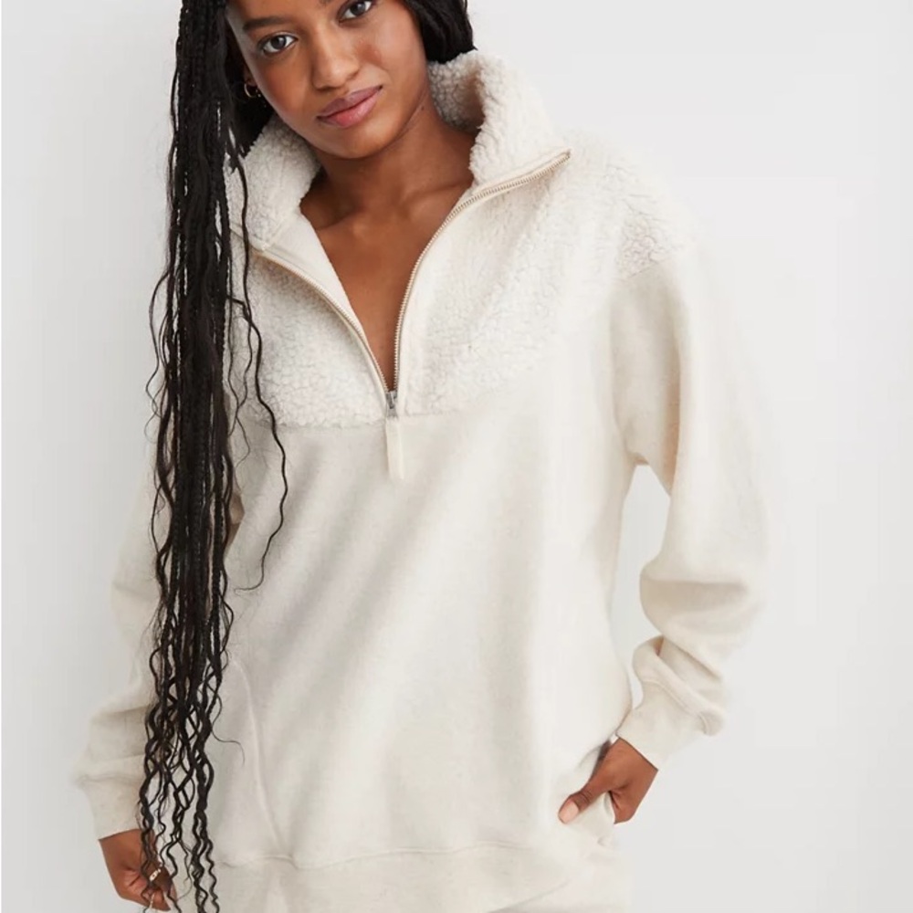 Aerie Hometown Holiday Cream White Quarter Zip Sherpa Fleece Sweatshirt Sz Small